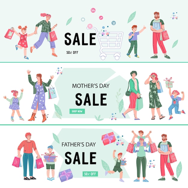 Set of banners and flyers for store sale events with people