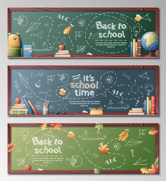 Vector set of banners with school board and school supplies background back to school knowledge day study