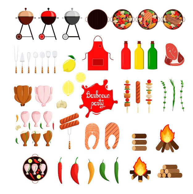 A set of barbecue items and food on a white background