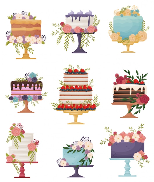 Set of beautiful festive cakes on a stand.  illustration on white background.