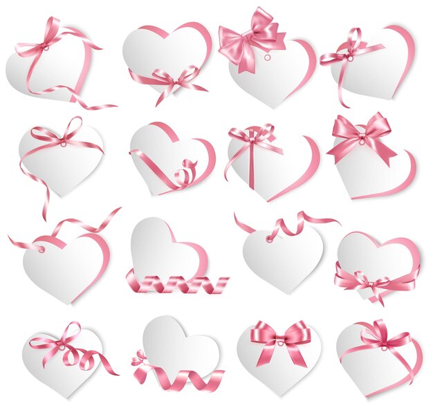 Vector set of beautiful gift shape heart cards with pink gift bows and ribbons vector illustration