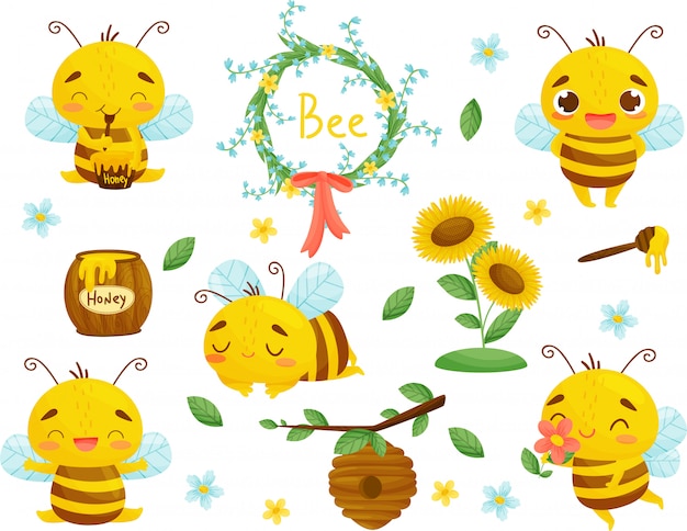 Set of bee, honey and other beekeeping illustration. . Cartoon.