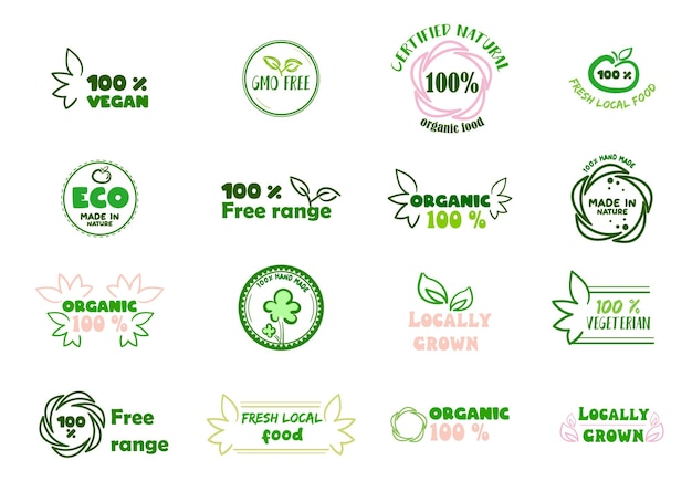 Vector set bio sticker pack vegan ecology natural local organic logos and badges label tag vector illustration design isolated on white background