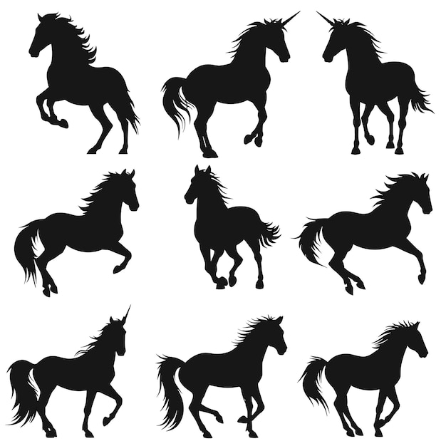 Vector set of black horse and unicorn silhouettes in various poses and stances