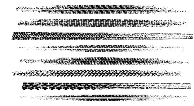 흰색 배경에 격리된 그런지 효과가 있는 검정 오토바이 타이어 트레드 인쇄 세트