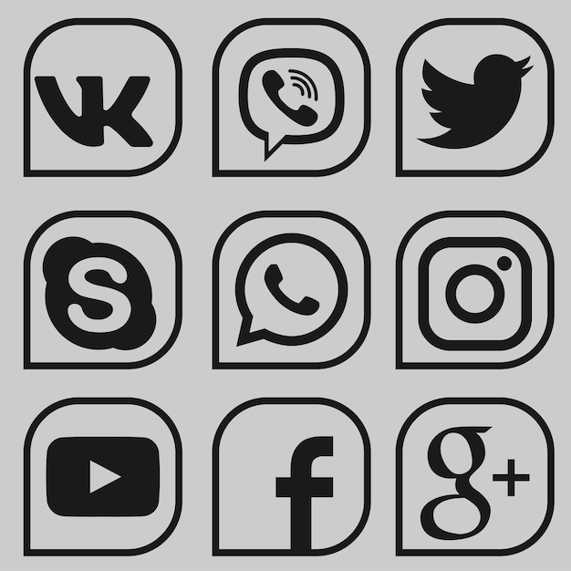 Set of black popular social media icons youtube instagram twitter facebook whatsapp google skype viber and vk