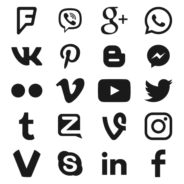 Set of black popular social media icons youtube instagram twitter facebook whatsapp pinterest snapchat vimeo google skype viber and others