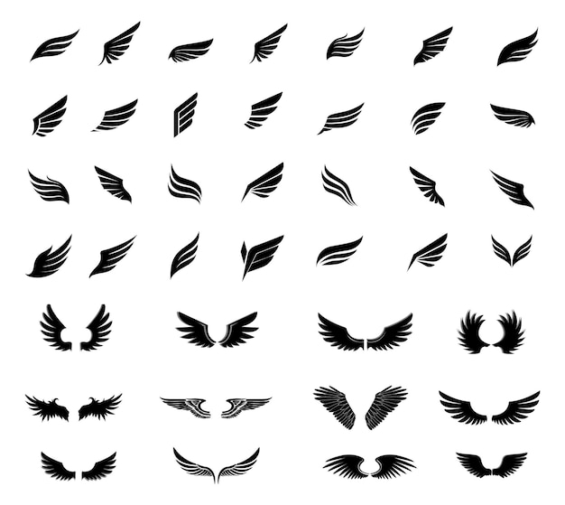 set of black silhouettes of wings Wings icon black simple set Wings vector Collection