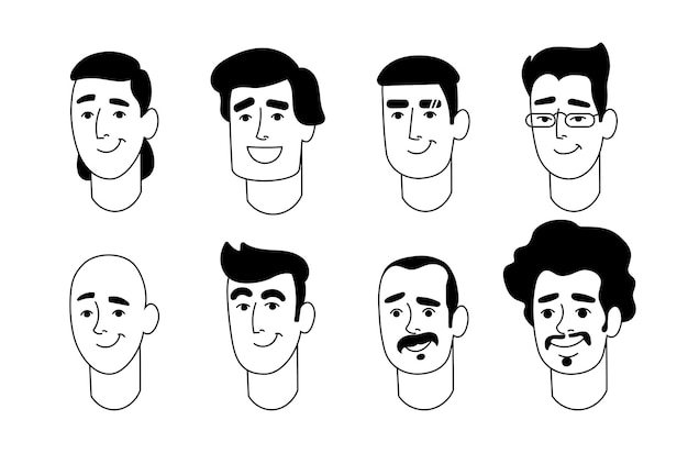 Set of black and white male avatars in cartoon style for printing and design Vector illustration