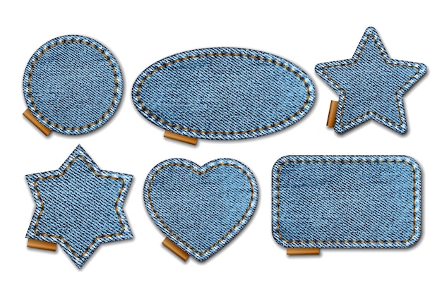 Vector set of blue denim patches with stitches light blue denim