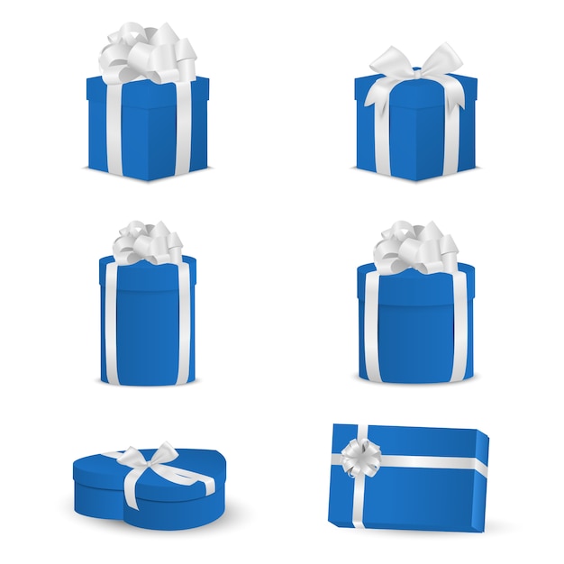 Vector set of blue gift boxes with white bows and ribbons.