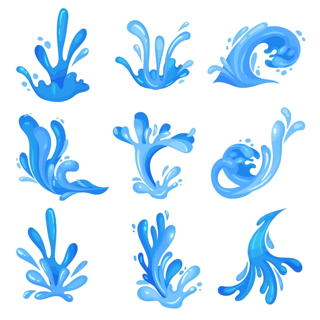 Set of blue sea or ocean waves, powerful water stream  Illustrations