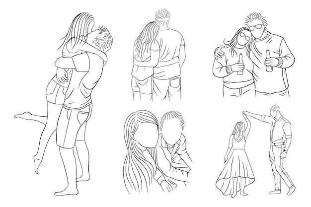 Set Bundle Line Art Drawing Simple Couple Love Boy and Girl Kiss Hand Drawn