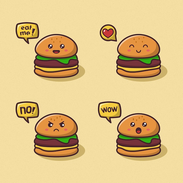 Vector set of burger cartoon with expressio