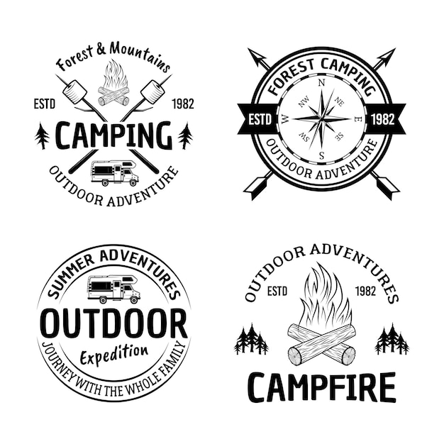 Set of camping and outdoors vector vintage black emblems labels badges or logos isolated on white background