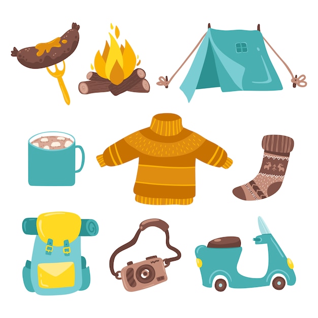 Set of camping stickers. Tourism picnic. A tent with a bonfire, food, a backpack and other things. Isolated flat illustration in simple cartoon style on a white background