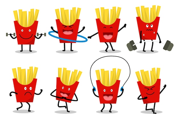 Vector set of cartoon french fries in various pose and exercite for graphic designer, vector illustration