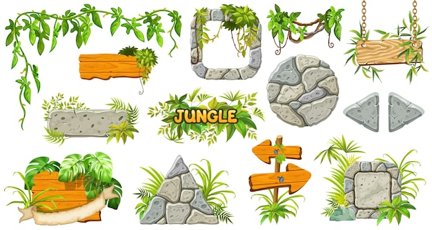 Set cartoon game wooden and stone boards Isolated gui panels with tropical lianas