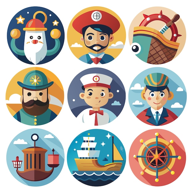 Vector set of cartoon icons on a nautical theme