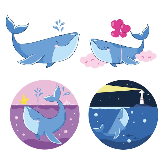 Vector set cartoon walvissen een blauwe vinvis een verliefde walvis in de wolken een walvis met een vogelvriend een walvis