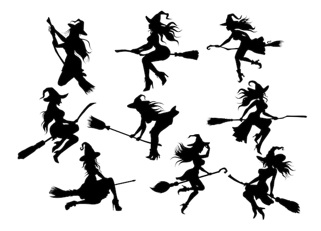 Set of characters for Halloween silhouettes witches flying on a broomstick