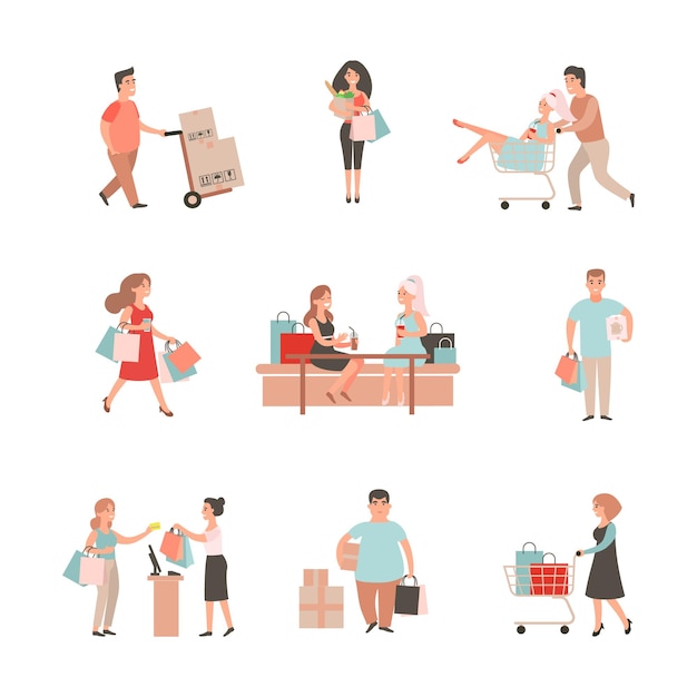 Set of characters and people shopping