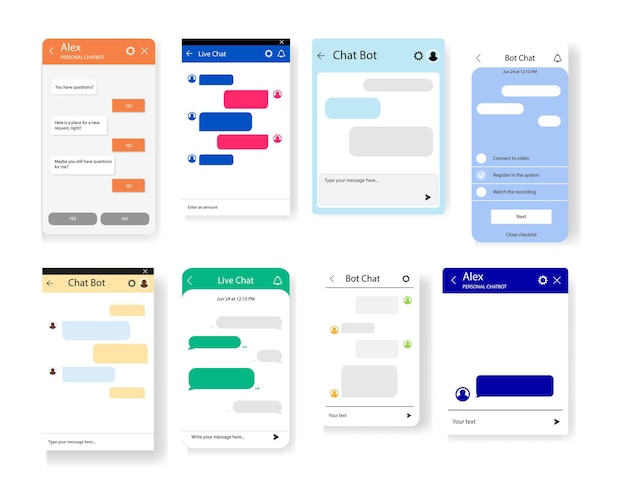 Vector set of chat bot dialoges windows for website and mobile app collection of group text messaging app o