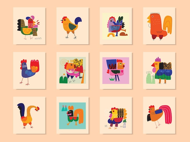 Vector set of chicken hen and rooster icon character vector illustration cartoon poultry farm animal