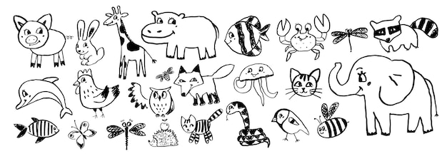 Vector set of child drawings of cute animals