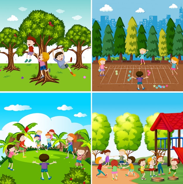 Set of children playing scenes