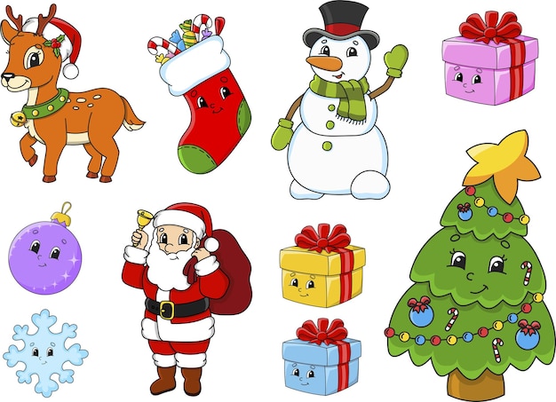 Set of christmas characters and objects with cute expressions. Santa Claus, reindeer, tree, gifts