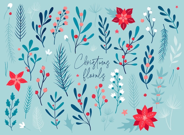 Set of Christmas decorative floral elements