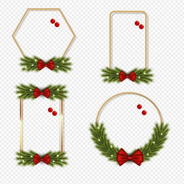 Vector set of christmas   frame with pine branch white  red christmas ball and  red ribbon