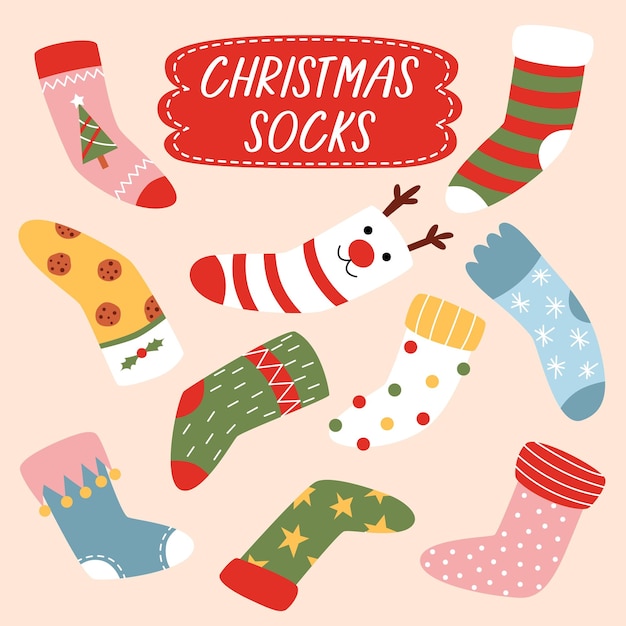 Vector set christmas stockings various traditional colorful and ornate holiday stockings or socks collection