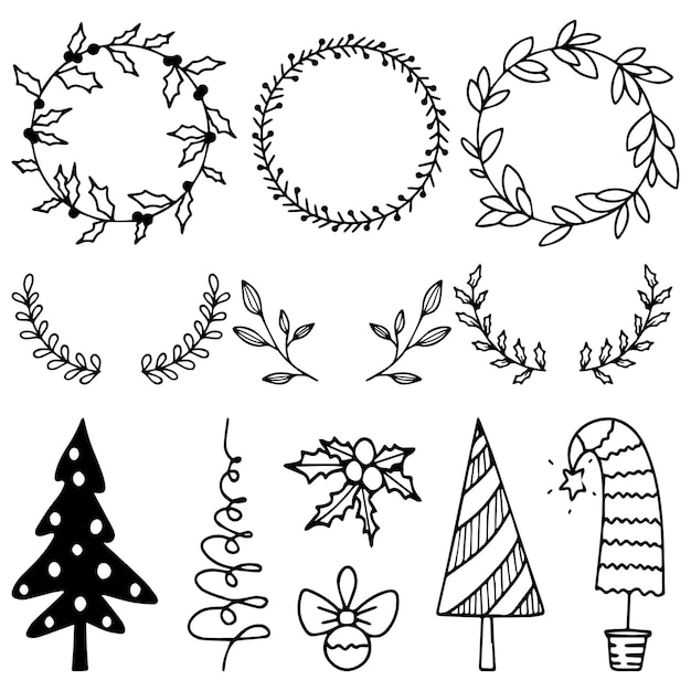 A set of Christmas wreaths and Christmas trees for decorating a Christmas card.