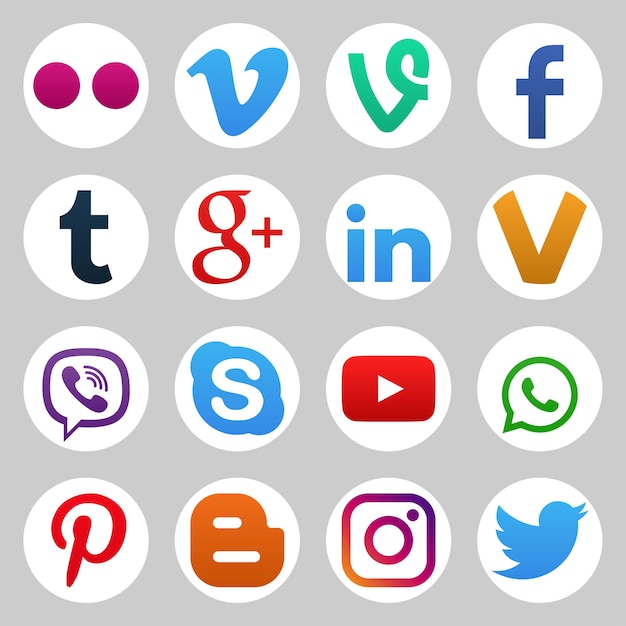 Vector set of color popular social media icons youtube instagram twitter facebook whatsapp pinterest snapchat vimeo google skype viber and others