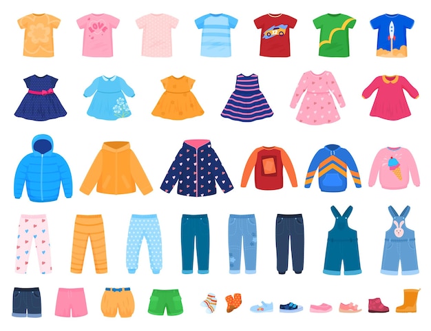 Vector set of colorful clothes for children dresses pants whispers sweaters tshirts vector illustration