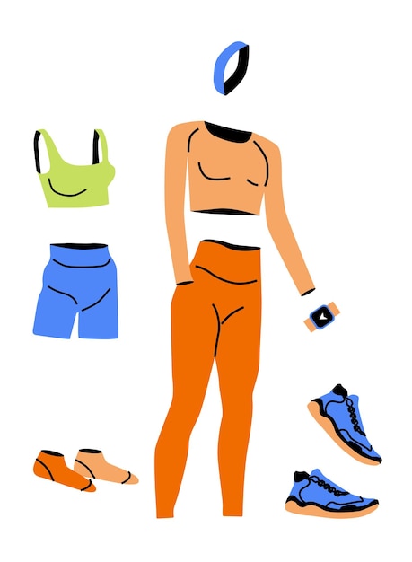 Vector set of colorful fitness clothing sport equipment