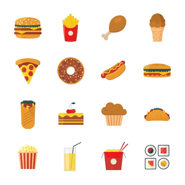 Set of colorful flat/cartoon design fast food icons set.