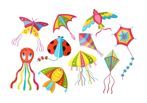 Set of colorful flying kites of different shapes