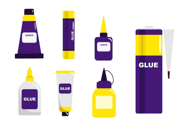 Set of colorful glue in cartoon style Vector illustration of glue and superglue in different tubes jars sizes and shapes on white background