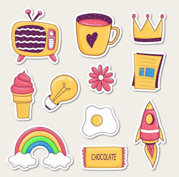 Vector set of colorful hand drawn cute stickers