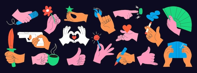 Vector set of colorful hands holding various stuff on dark background different operations and gestures