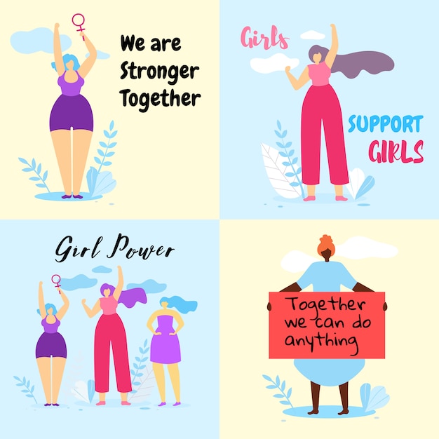 Set of Colorful illustration with Brave Feminist Girls