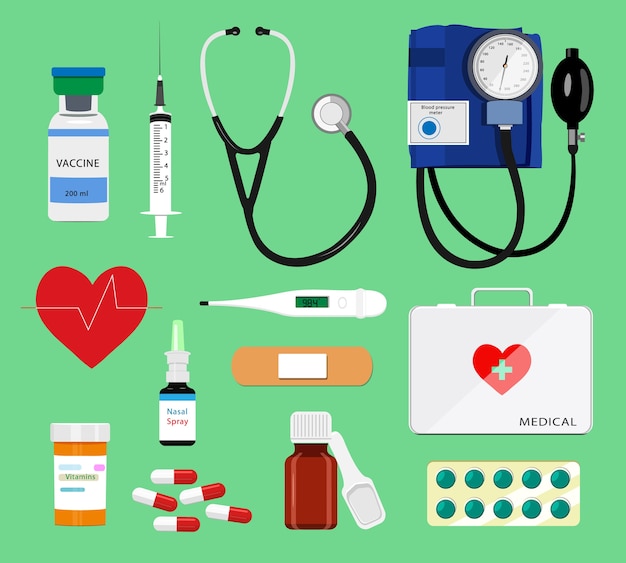 Set of  colorful medical tools: syringe, stethoscope, thermometer, pills, first aid kit, blood pressure meter. Medical icons  illustration