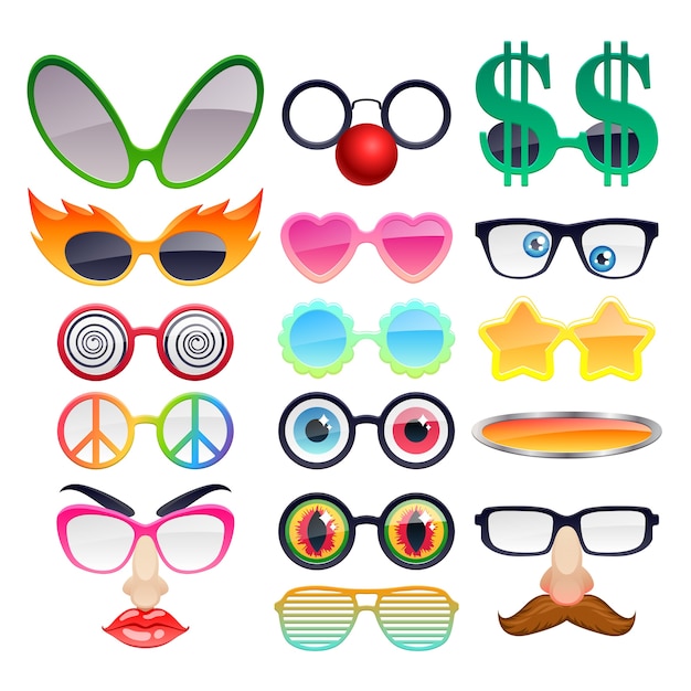 Set of colorful party sunglasses icons. Funny fashion glasses accessories.