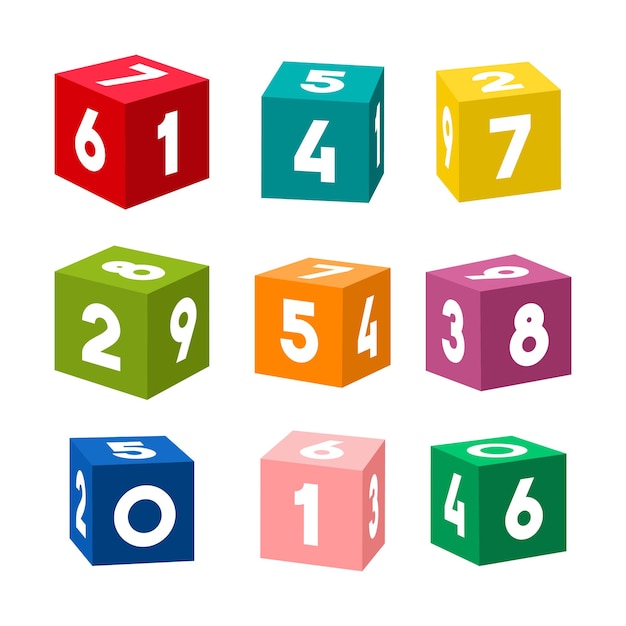 Set of colorful toy bricks with numbers. Single cubes isolated