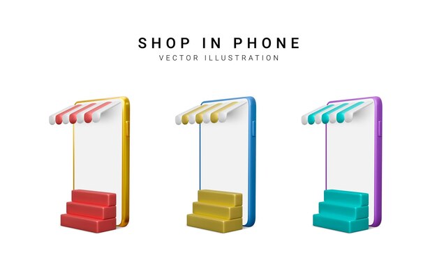 Vector set of colour 3d realistic store in your phone on white background vector illustration