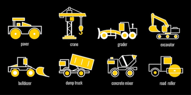 Set of contour icons of road construction vehicles on a black background