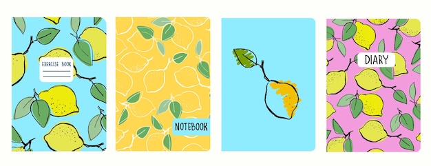 Vector set of cover page templates with hand drawn lemons based on seamless patterns headers isolated and replaceable perfect for school notebooks notepads diaries etc